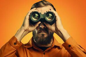 Man carefully look binoculars on orange background. Generate Ai photo