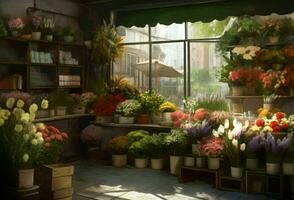 Flower shop stall inside at city morning. Generate Ai photo