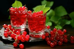Fresh red currants in glasses on rustic table. Generate Ai photo