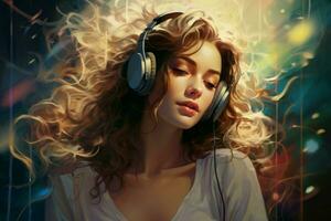 Girl listen music. Generate Ai photo