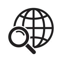 Magnifier and globe icon, search for a place on a map or on the globe icon. The icon of the magnifying glass and planet Earth. vector