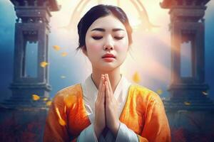 Girl praying in temple. Generate ai photo