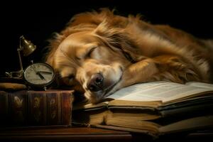 soñador perro dormido lectura. generar ai foto