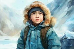jubiloso niño chico en calentar invierno ropa a aldea. generar ai foto