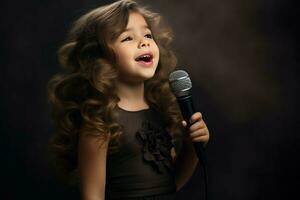 artístico pequeño niña con Rizado pelos canta en micrófono. generar ai foto