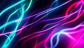 Abstract futuristic background with pink blue neon lines glowing in ultraviolet light, and bokeh lights. AI generative photo