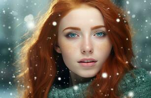 Ginger woman in snowy weather. Generate ai photo