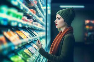Young woman shopping supermarket food. Generate Ai photo