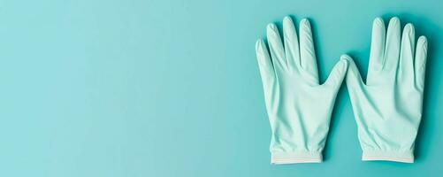 Pair of medical gloves on blue background long banner. Generate Ai photo
