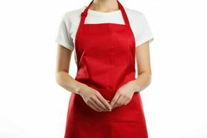 Young woman wearing kitchen red textile apron. Generate Ai photo