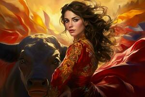 Captivating Bullfighter woman red cloth bull. Generate Ai photo