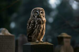 Owl on cemetery gravestone in darkness. Generate ai photo