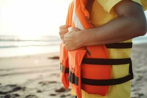 Lifeguard putting on life vest near sea. Generate AI photo