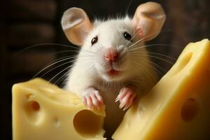 Fuzzy Cute rat with cheese. Generate Ai photo