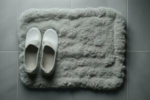 Top view of bath mat with fluffy slippers. Generate ai photo