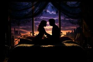 Silhouette of couple in bed at night time relationship. Generate Ai photo