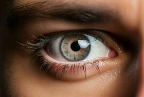 Man holding contact lens closeup of eye. Generate Ai photo