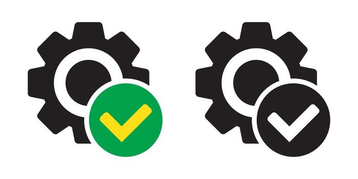 Check mark with gear icon, cog with check icon. vector