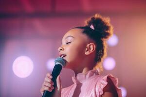 Young girl sings pink fashion. Generate Ai photo