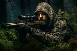 hombre vistiendo camuflaje y puntería con caza rifle masculino. generar ai foto