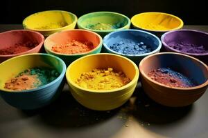 Glossy Ceramic bowl with colorful powder. Generate Ai photo