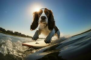 Skillful Dog funny riding surfboard. Generate Ai photo