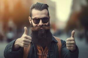Stylish hipster man with thumbs up. Generate ai photo