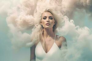 Blonde woman standing in smoke cloud. Generate ai photo
