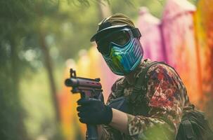 Person playing paintball gun shooting. Generate Ai photo