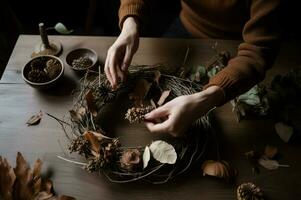 Woman handmade wreath. Generate Ai photo