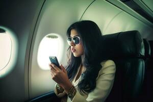 Business woman on airplane. Generate ai photo