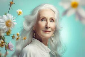 Old woman closeup with studio flowers. Generate Ai photo