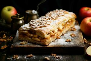 Golden-brown Delicious apple strudel. Generate Ai photo