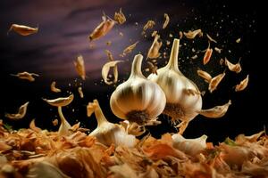 Unusual Garlic flying. Generate Ai photo