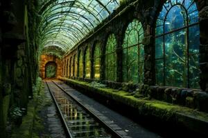 Luminous Glass railway tunnel. Generate Ai photo