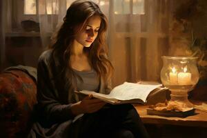 joven mujer leyendo libro a hogar interior en noche ligero. generar ai foto