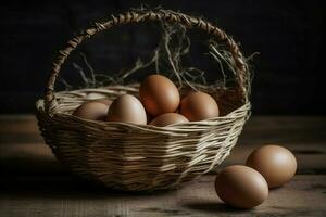 Egg rustic basket fresh food. Generate Ai photo