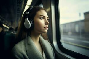 Headphones woman train. Generate Ai photo