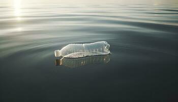 A discarded plastic bottle, left adrift on a serene lake. The water's surface is mostly still, with only minor disturbances around the bottle. AI Generated photo