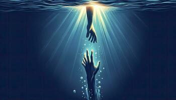 Two hands stretching towards each other in deep blue water, with the upper hand illuminated by sun rays and the lower hand moving upward surrounded by bubbles. AI Generated photo