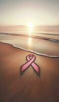 A serene beach scene during sunrise, highlighting a pink ribbon symbol drawn on the wet sand, representing persistence and hope. AI Generative photo