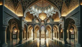 Showcasing an intricately designed Islamic architectural masterpiece with detailed mosaics, arched doorways, and a beautiful chandelier.AI Generative photo