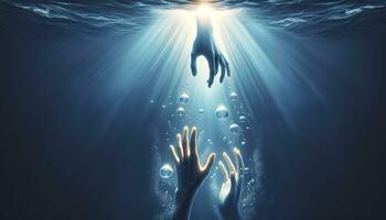 Two hands stretching towards each other in the depths of clear blue water, with the hand above illuminated by sunlight and the hand below surrounded by rising bubbles. AI Generated photo