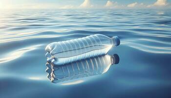 Clear plastic bottle floating on calm blue water, reflecting the sky above. The bottle is slightly tilted, with a portion submerged in water.  AI Generated photo