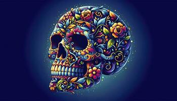 A vibrant, artistic interpretation of a skull adorned with colorful floral patterns, vines, and leaves against a deep blue background. AI Generative photo