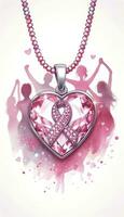 A heart-shaped pendant with the breast cancer ribbon delicately engraved, set against a soft, watercolor-style background. AI Generative photo