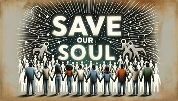 A group of diverse individuals standing together, forming a human chain, with the phrase Save Our Soul shining above them, emphasizing unity and collective support. AI Generated photo