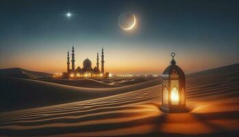 A serene desert landscape at dusk, highlighting the crescent moon, traditional lanterns, and the silhouette of a mosque. AI Generative photo
