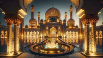A beautifully illuminated Islamic mosque during the evening with intricate golden patterns, a serene courtyard, and a central fountain. AI Generative photo