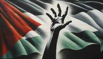 un silueta de un mano alcanzando hacia arriba en frente de el revoloteando palestino bandera, capturar un sentido de esperanza, determinación, y patriótico espíritu. ai generado foto